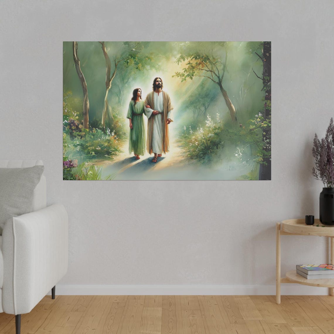 Jesus Walking With Woman Sunlit Forest Path Christian Poster - Image 4