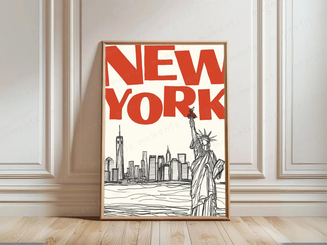 New York Bold Red Typography Poster with Statue of Liberty Sketch