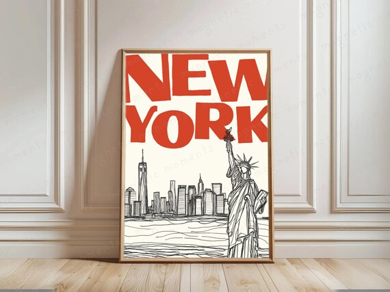 New York Print Statue Of Liberty Art City Poster Nyc Landmarks Illustration Cityscape Wall Decor