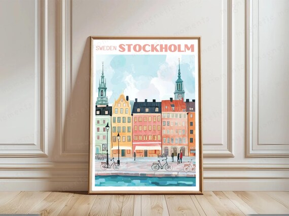 Stockholm Travel Poster Handdrawn Illustration Print Sweden Cityscape Art Scandinavian Wall Vintage Decor