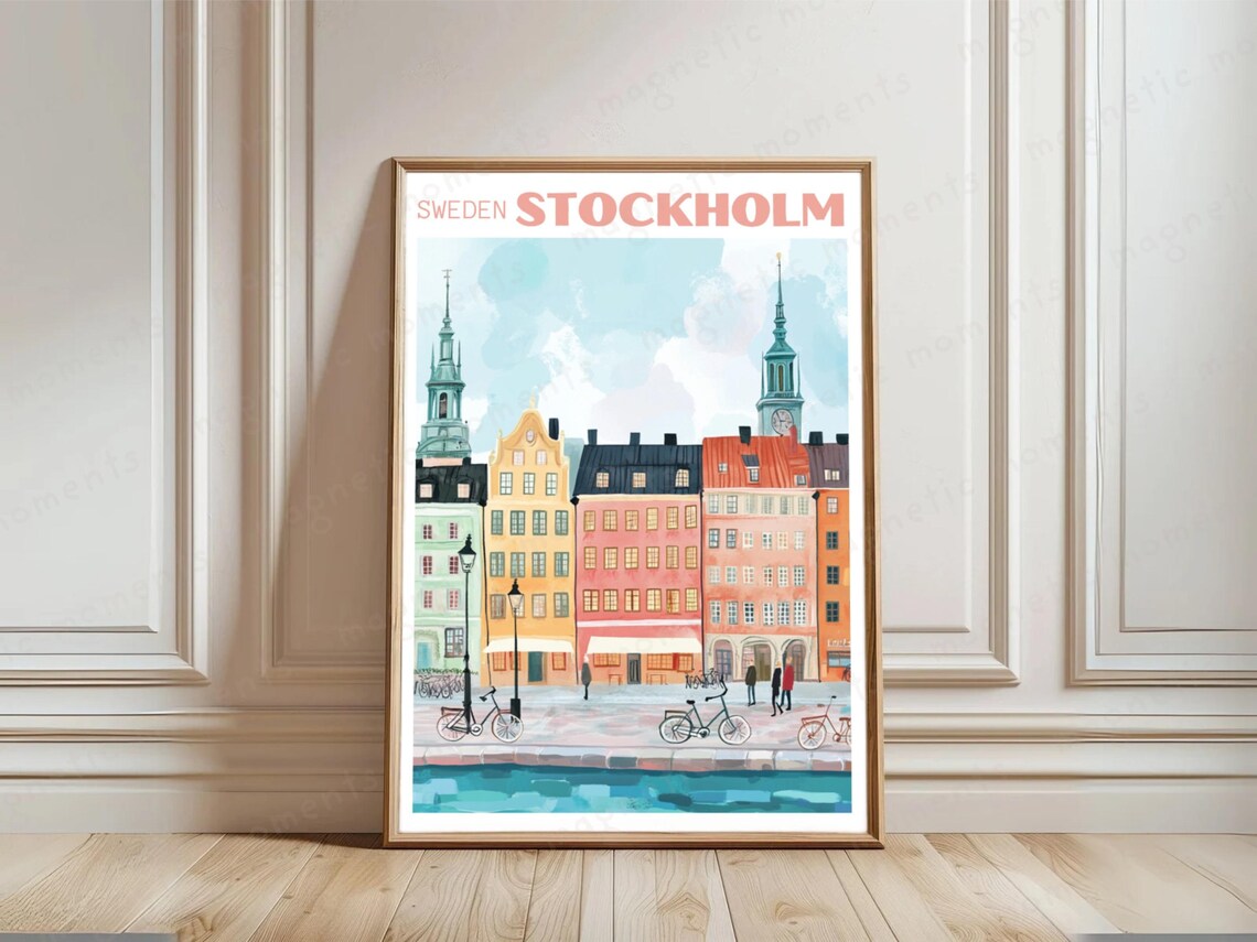 Stockholm Sweden Colorful Old Town Waterfront Handdrawn Travel Poster