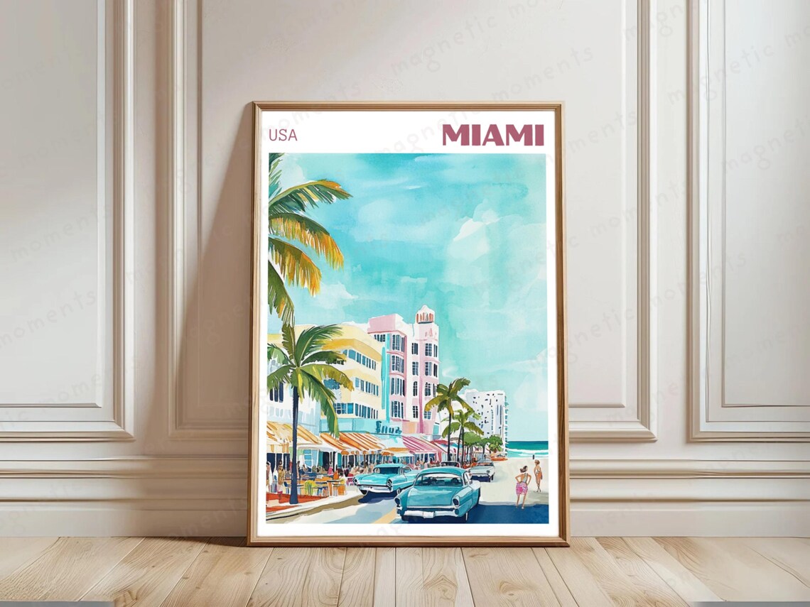 Miami Art Deco Ocean Drive Classic Cars Watercolor Travel Poster