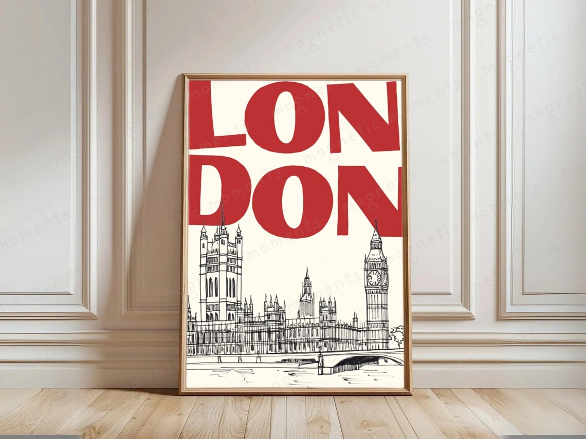 London Big Ben Parliament Red Typography UK City Travel Poster