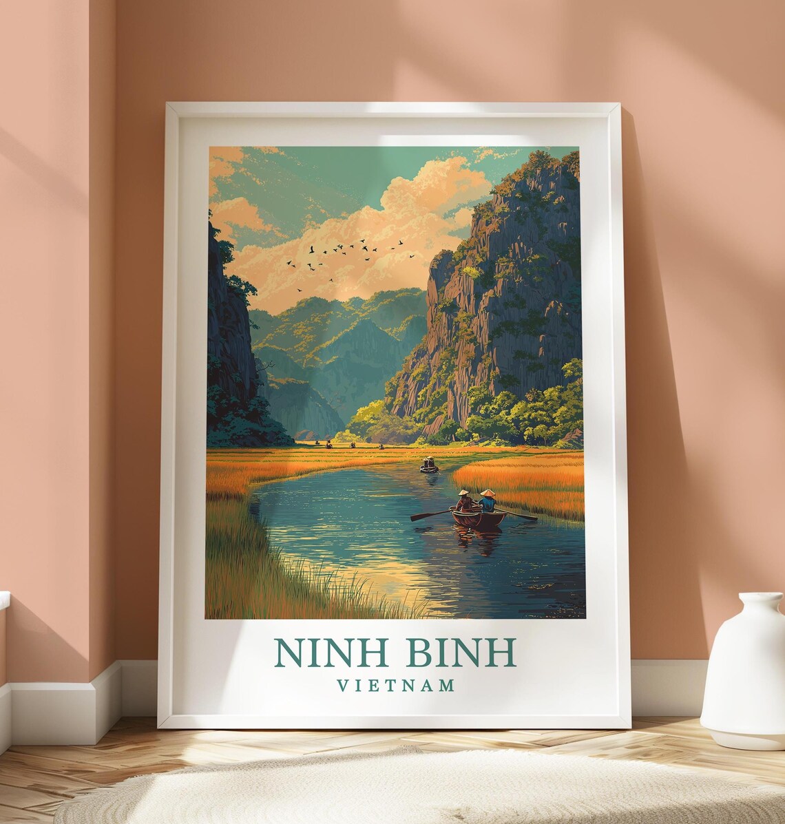 Ninh Binh Vietnam River Boat Karst Mountains Travel Poster Asian Scenic Art