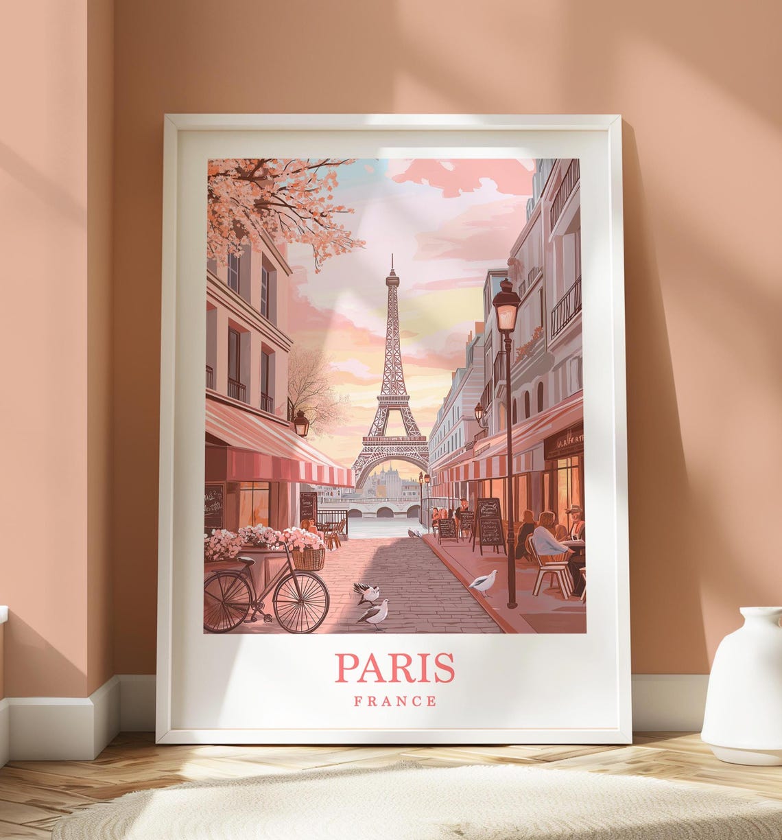 Paris France Cherry Blossom Street Eiffel Tower Spring Travel Poster