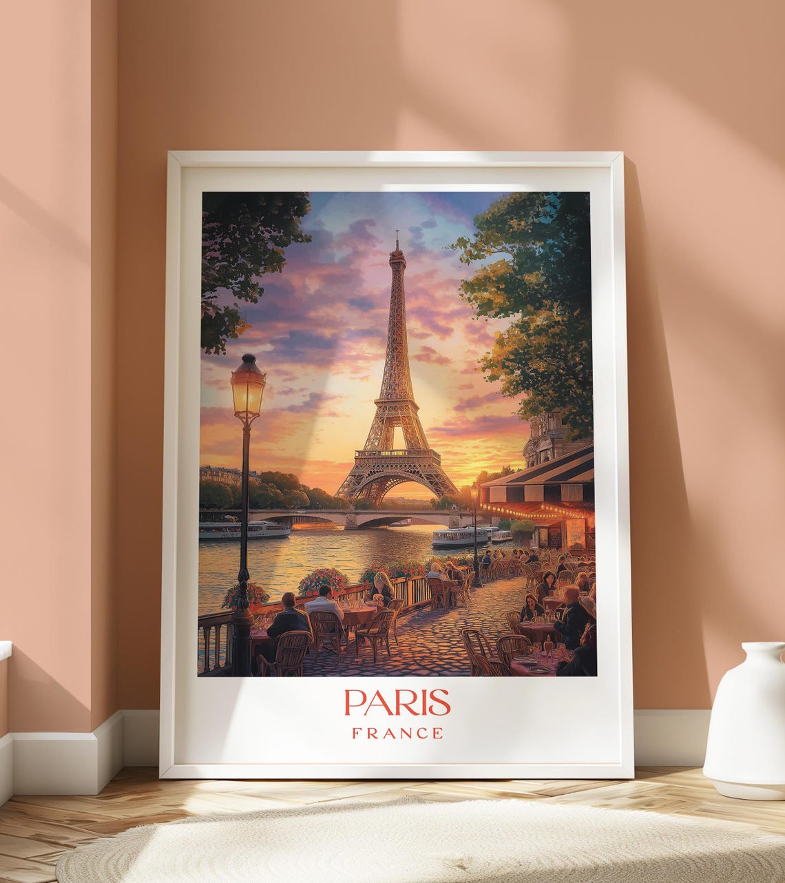 Paris France Eiffel Tower Sunset Seine Riverside Cafe Travel Poster