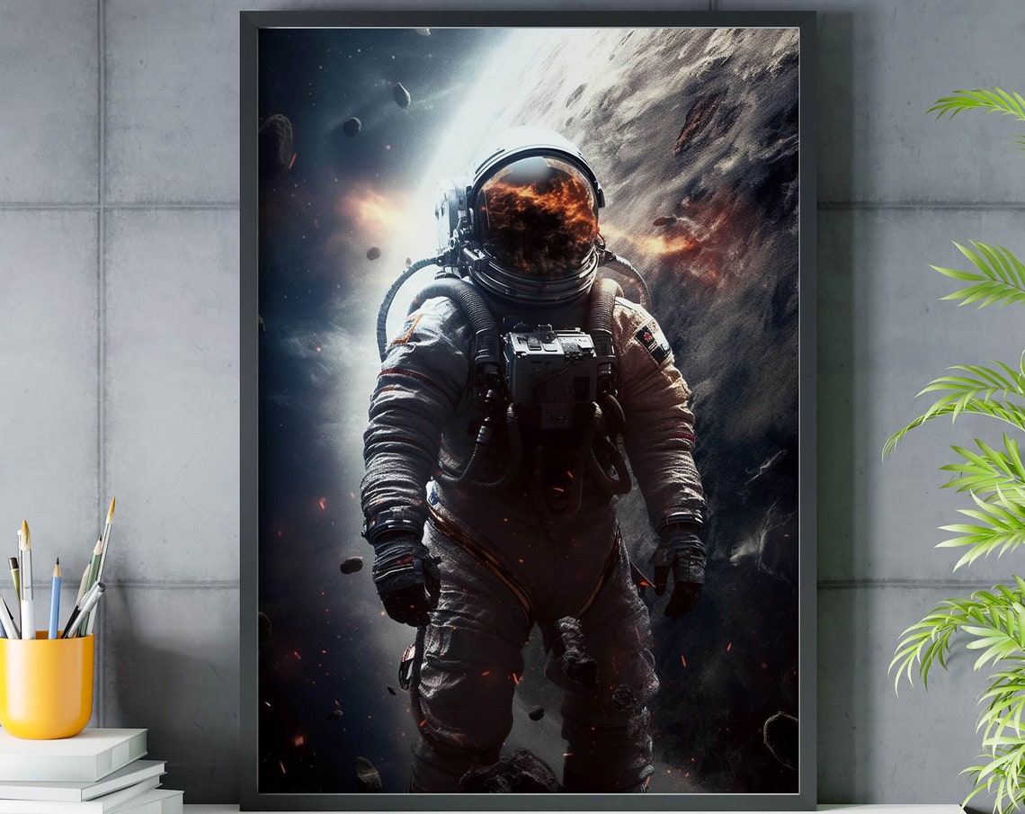 Astronaut Portrait Deep Space Fiery Visor Reflection Cosmic Poster