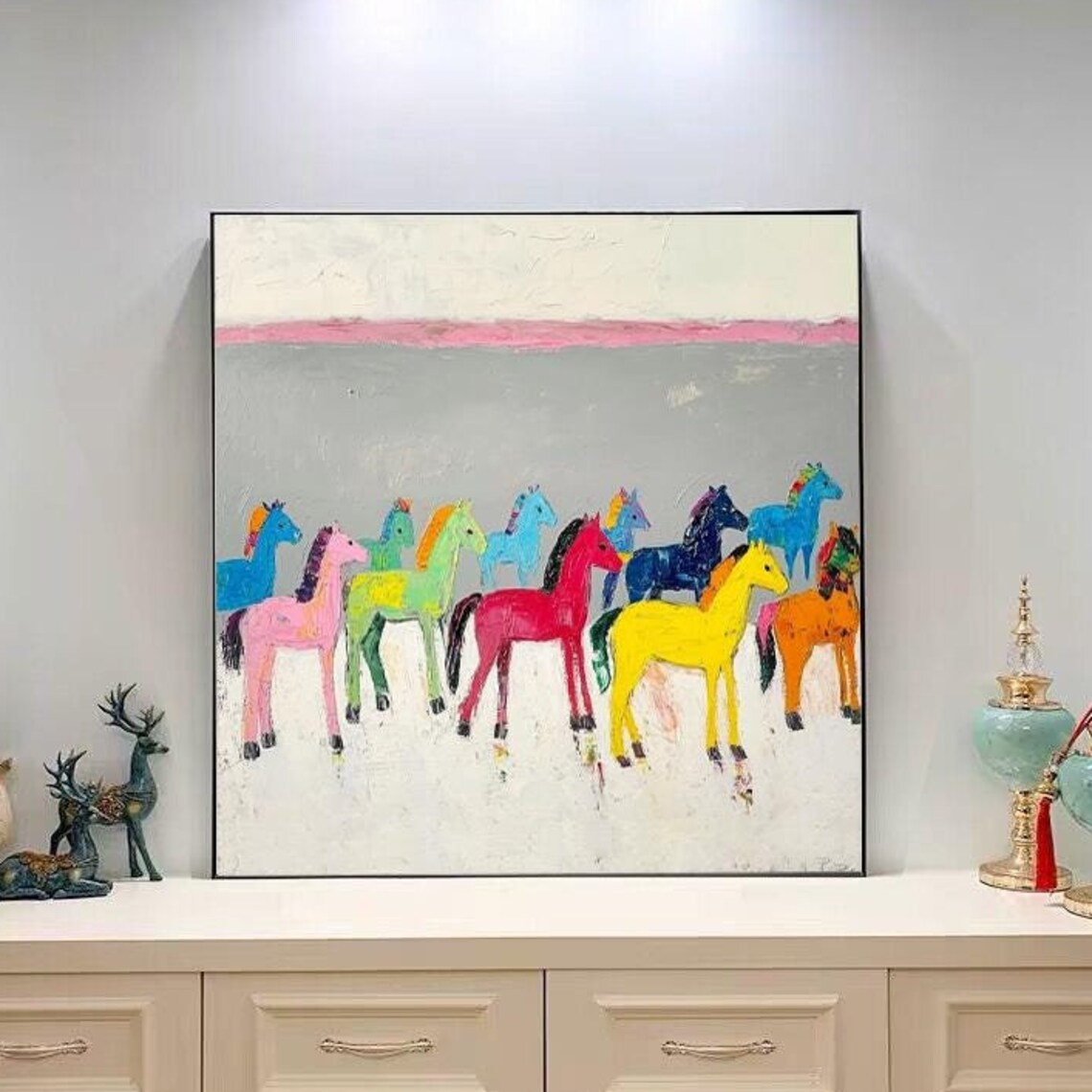 Colorful Horse Herd Rainbow Ponies Modern Animal Art Painting Poster