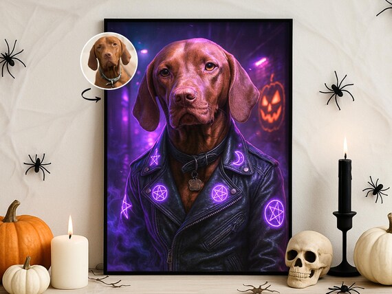 Halloween Custom Pet Portrait Neon Witch Wall Art Biker Style Dog Cat Print