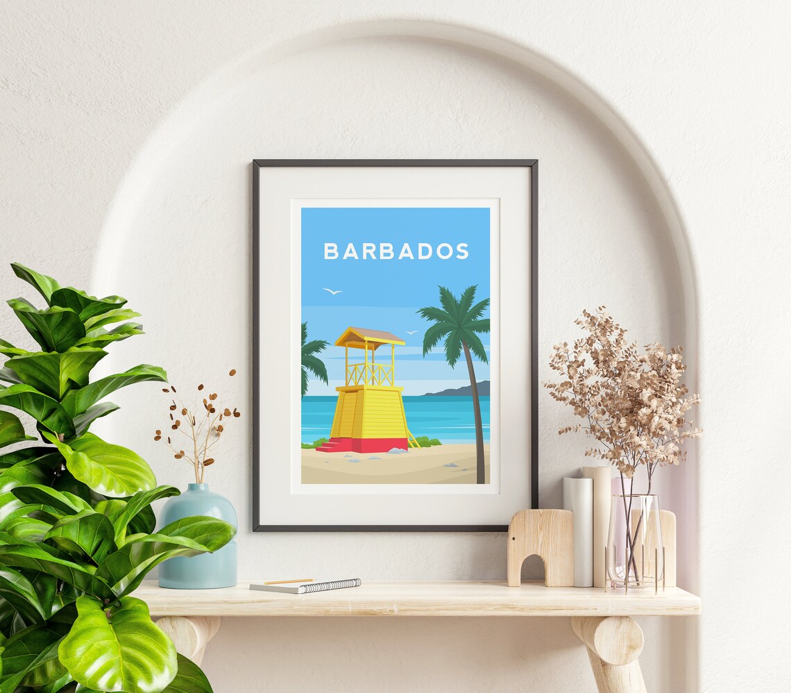 Barbados Beach Lifeguard Tower Palm Trees Caribbean Travel Poster - Image 2