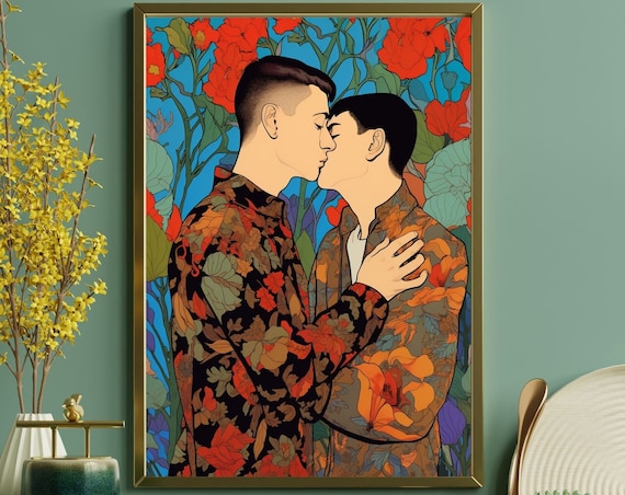 Romantic Kiss Among Red Flowers Modern Vibrant Pop Art Poster