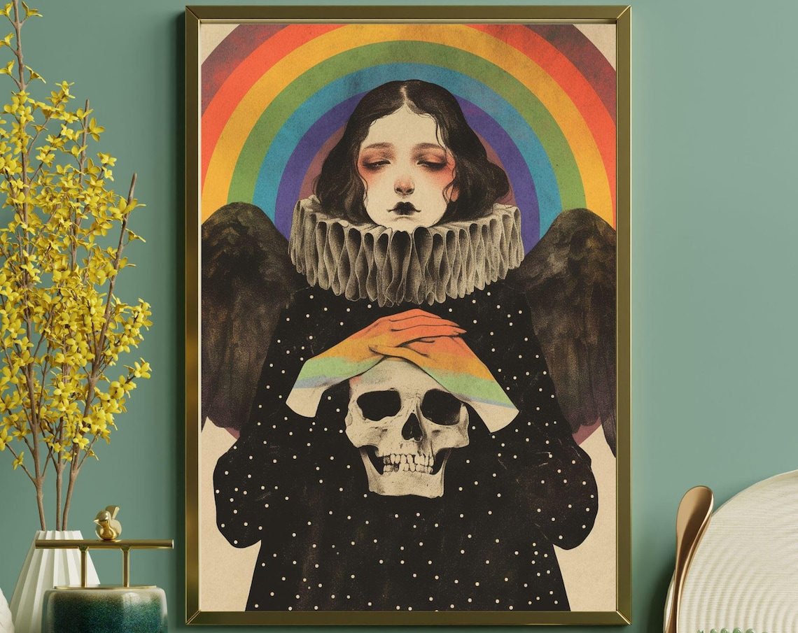 Dark Angel Holding Skull Rainbow Gothic Surreal Portrait Poster