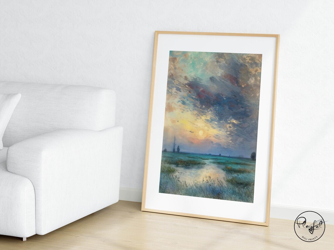 Mystical Sunset Lake Landscape Painting Teal Gold Vintage Art Poster - Image 5