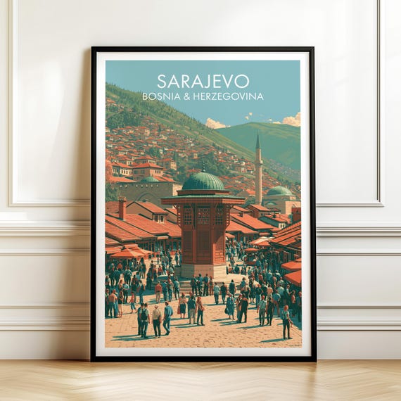 Sarajevo Bosnia Herzegovina Travel Poster Vintage Europe Cityscape Wall Art