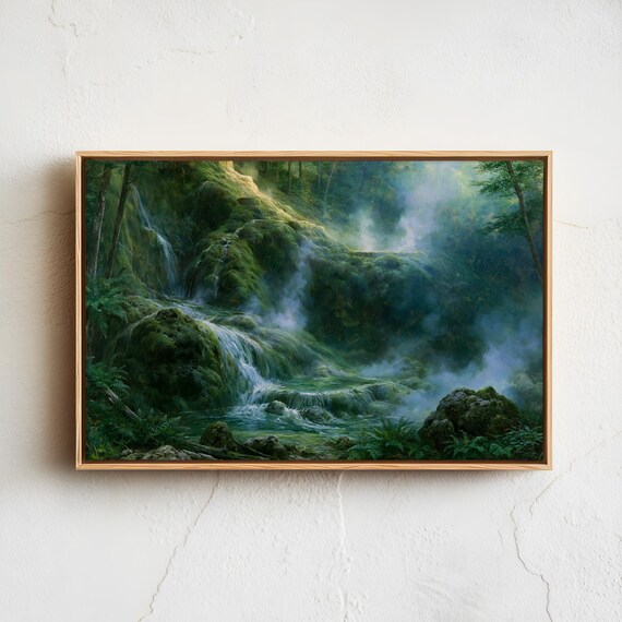 Misty Thermal Waterfall Cascade In Lush Green Forest Wall Poster