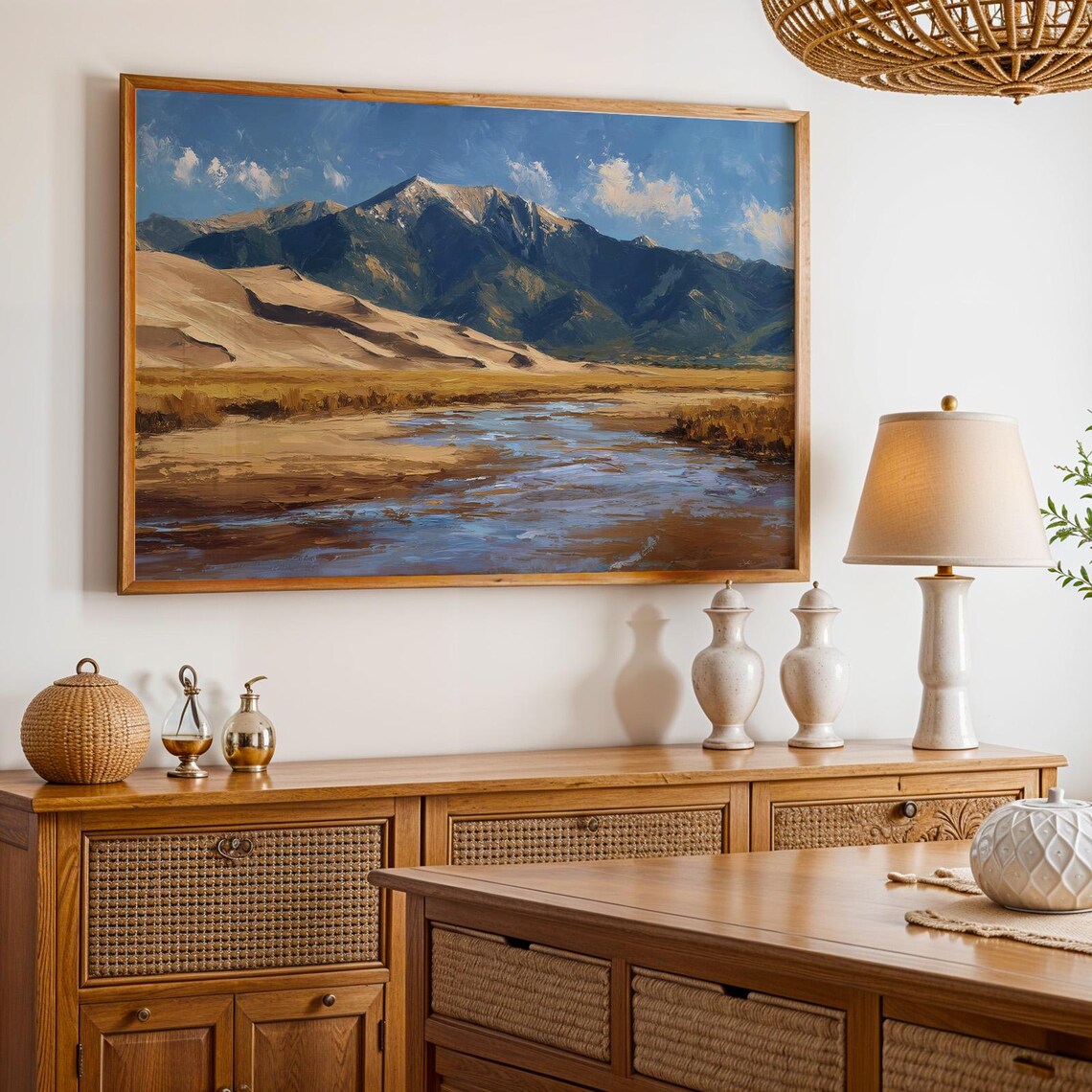 Snow Capped Mountain Golden Dunes River Landscape Art Poster