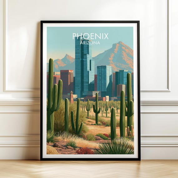 Phoenix Arizona Poster Vintage Usa Cityscape Travel Wall Art American Landmark Print Americana Decor