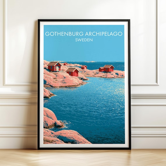 Gothenburg Archipelago Sweden Red Cabins Vintage Travel Poster