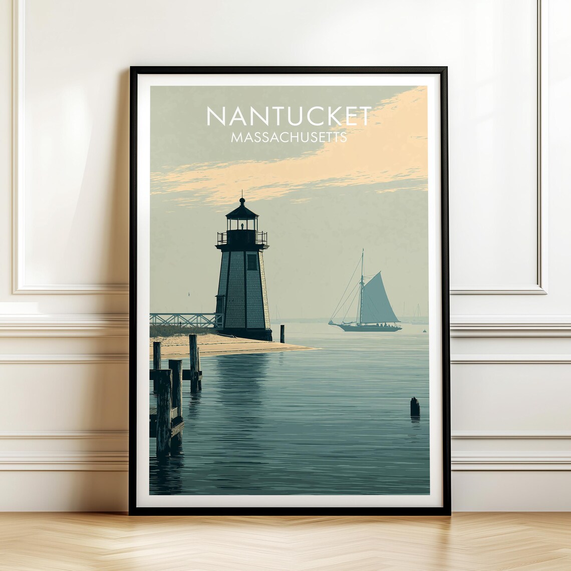 Nantucket Massachusetts Lighthouse Sailboat Vintage Travel Art Poster