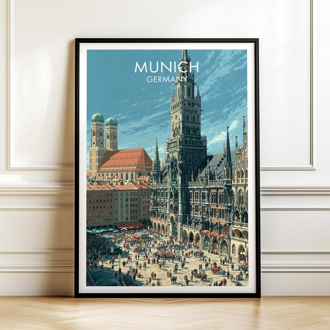 Munich Germany Vintage Travel Poster with Marienplatz and City Hall