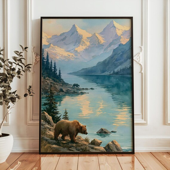 Katmai National Park Brown Bears Lake Mountain Watercolor Poster