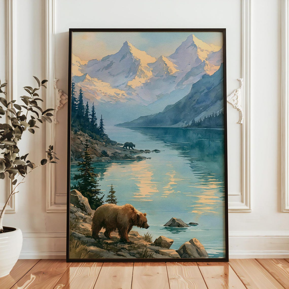 Katmai National Park Brown Bears Lake Mountain Watercolor Poster