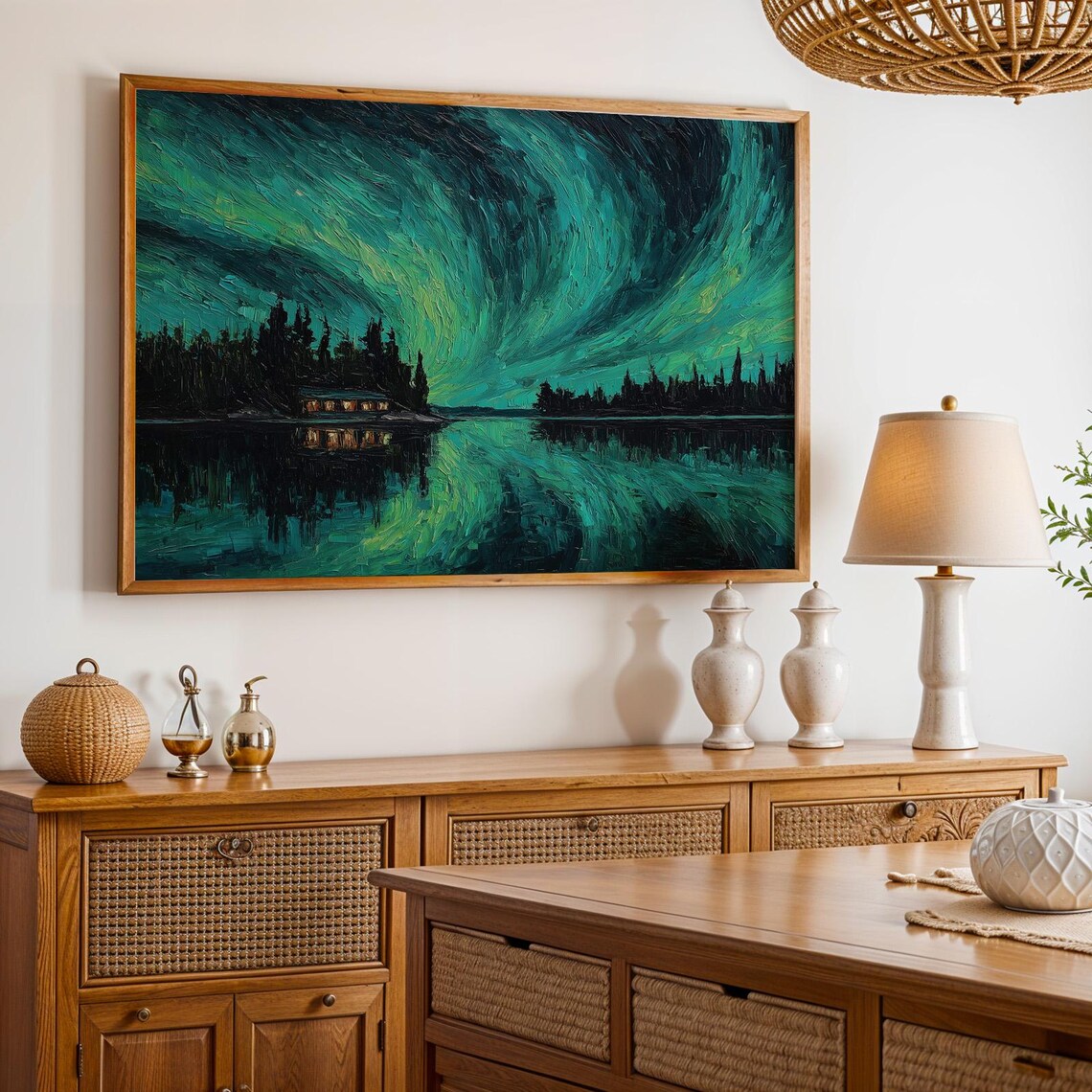 Voyageurs National Park Aurora Over Lake Cabin Night Oil Painting Poster