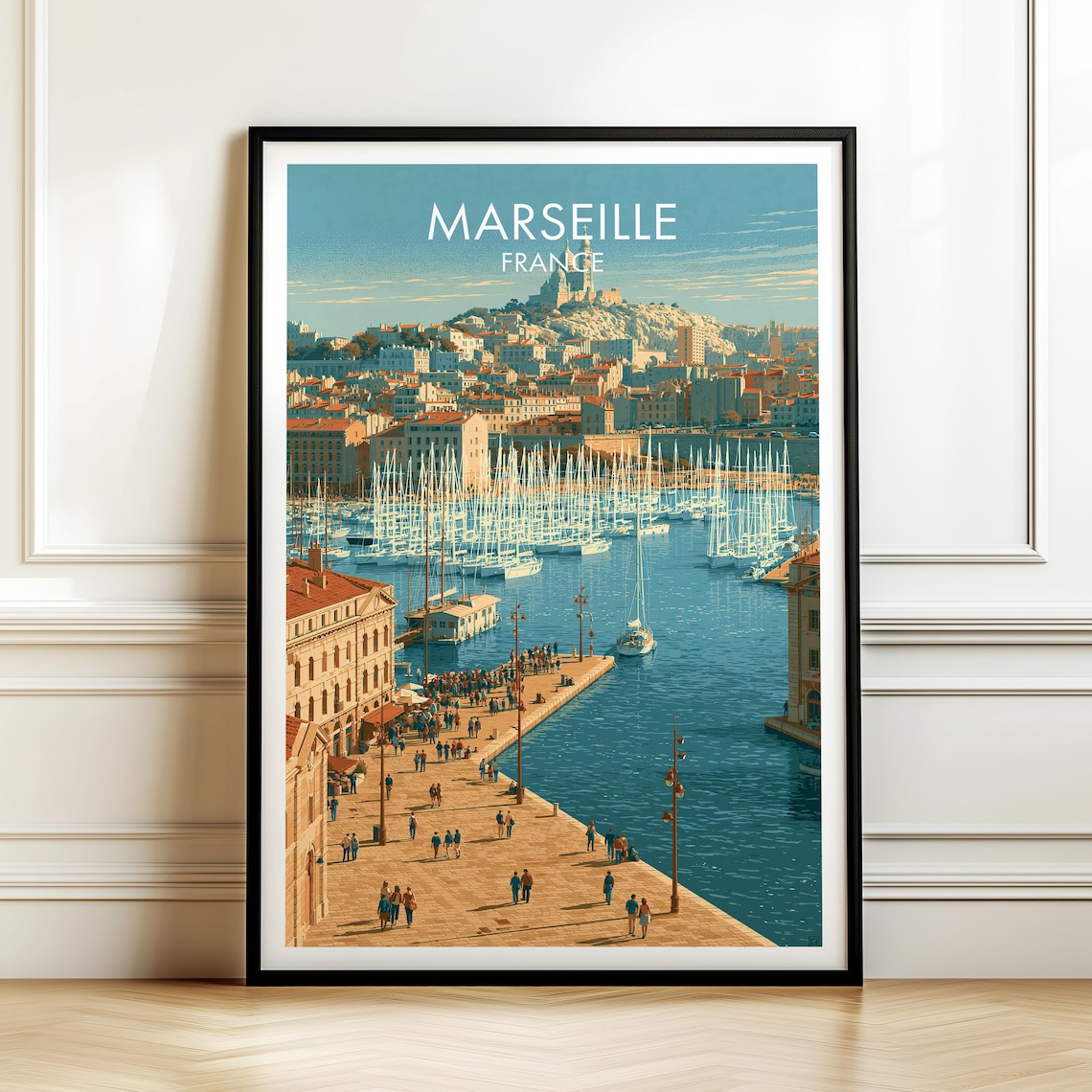 Marseille France Vintage Travel Poster with Old Port and Sailboats