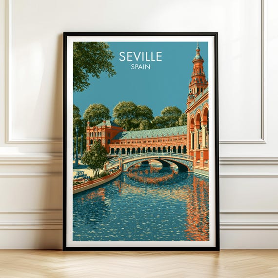 Seville Spain Plaza De Espaa Travel Poster Vintage Cityscape Wall Art