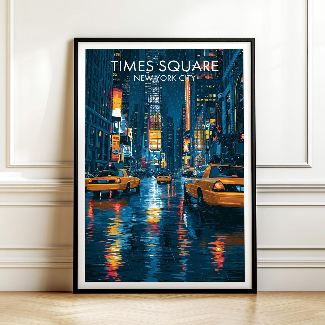 Times Square New York City Neon Night Rain Yellow Cabs Travel Poster