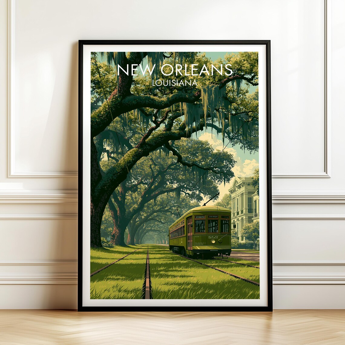 New Orleans Louisiana Streetcar Live Oaks Moss Vintage Travel Poster