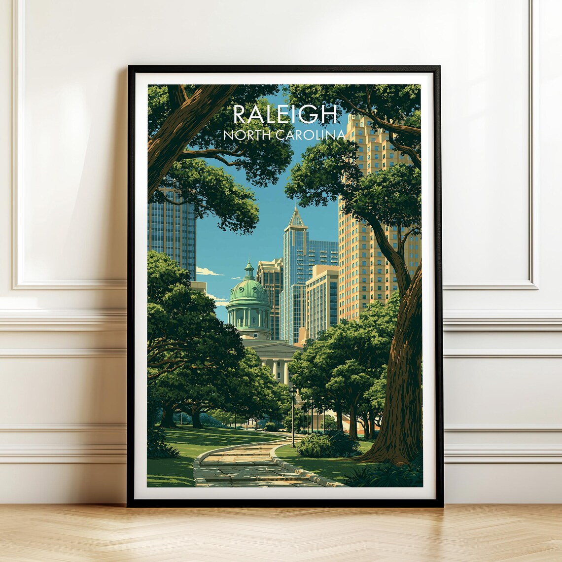 Raleigh North Carolina Capitol Park Skyline Vintage Travel Poster