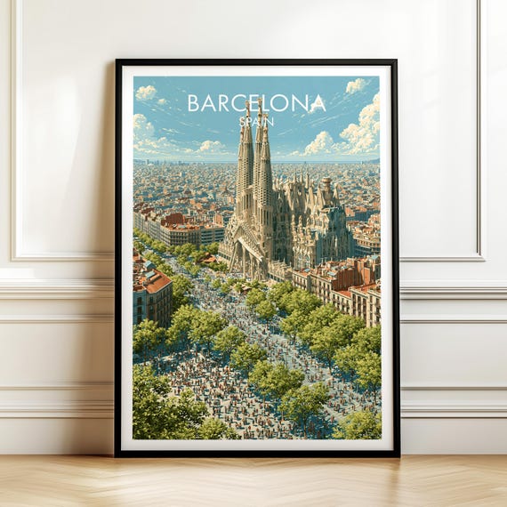 Sagrada Familia Barcelona Travel Poster Vintage Europe Cityscape Wall Art Print