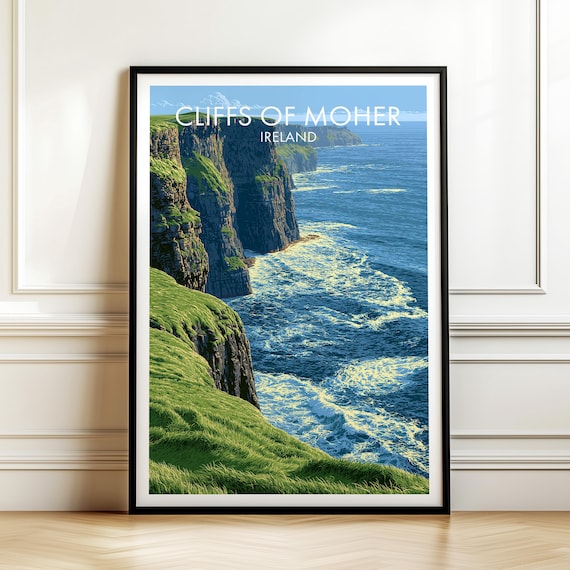 Cliffs Of Moher Ireland Ocean Waves Vintage Landmark Travel Poster
