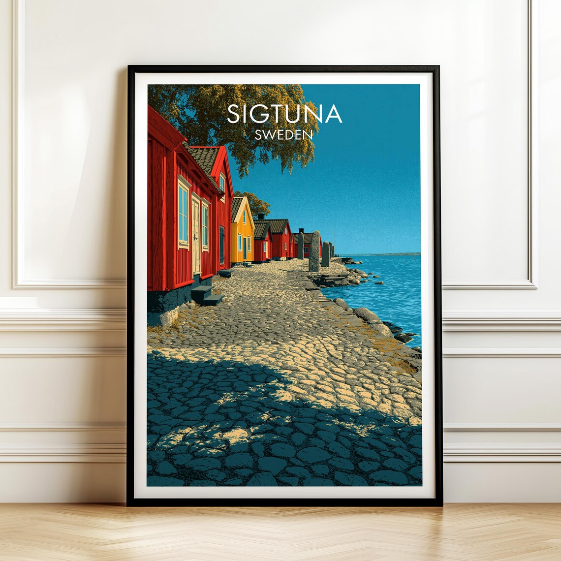 Sigtuna Sweden Vintage Travel Poster Red Boathouses Lake Shore