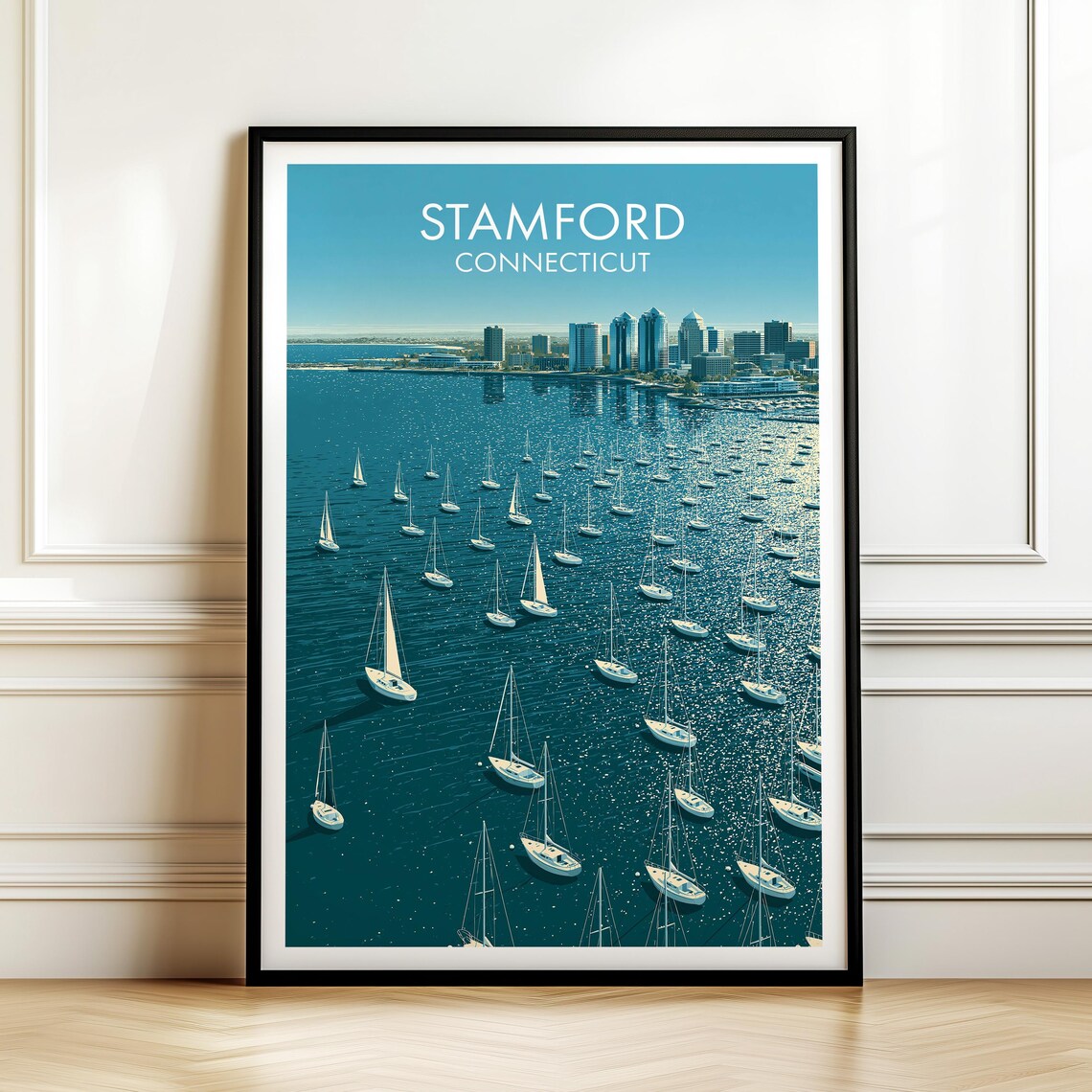 Stamford Connecticut Harbor Sailboats Vintage Travel Poster Art