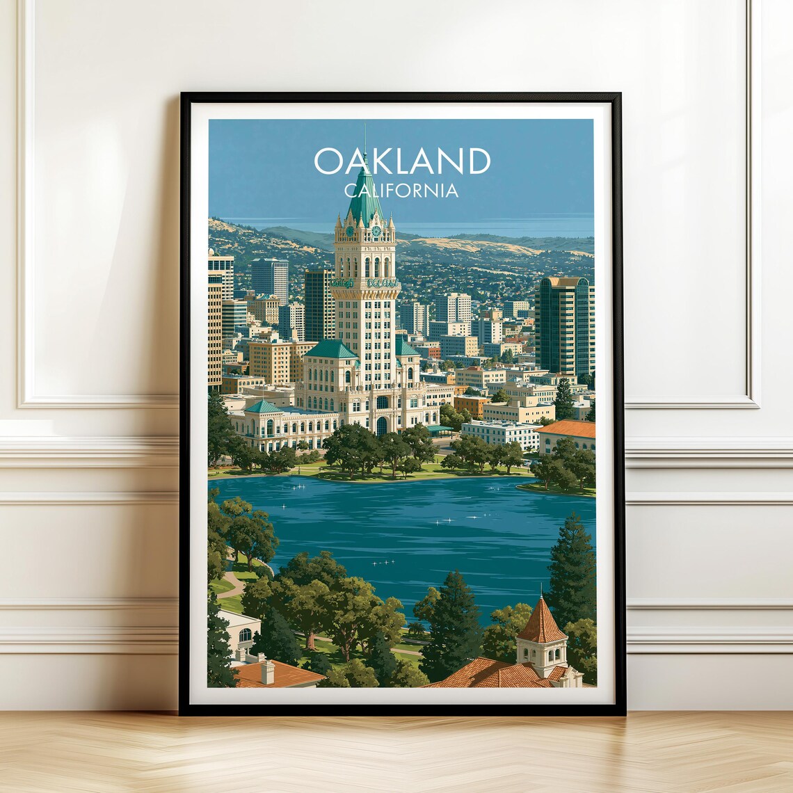 Oakland California Vintage Travel Tribune Tower Lake Merritt Poster