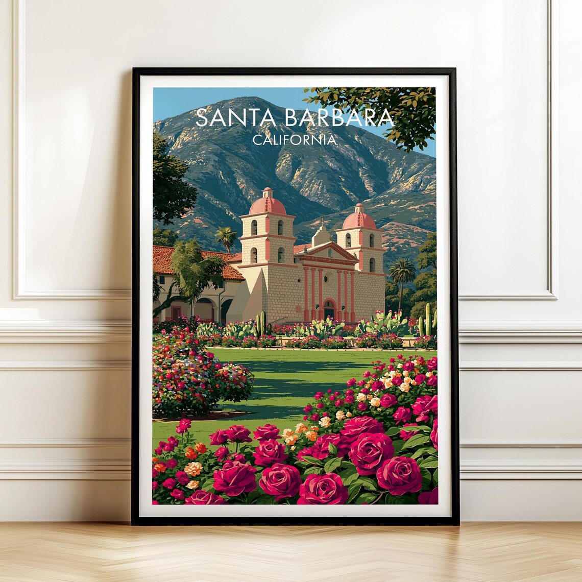 Old Mission Facade Santa Barbara California, Vintage Travel Poster