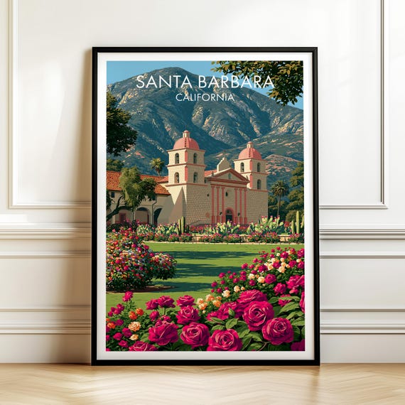 Old Mission Facade Santa Barbara California, Vintage Travel Poster