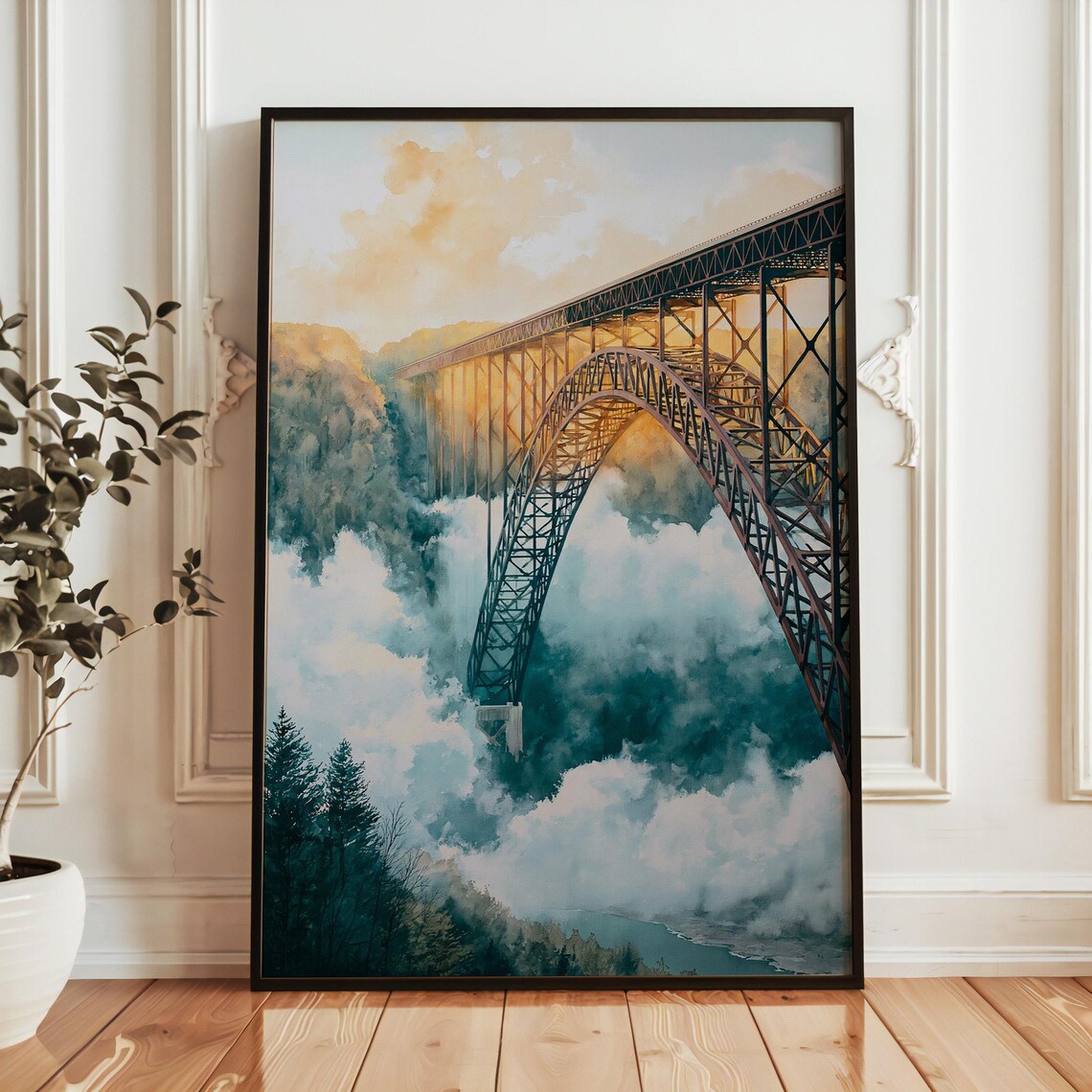 New River Gorge National Park Steel Arch Bridge Sunset Watercolor Poster