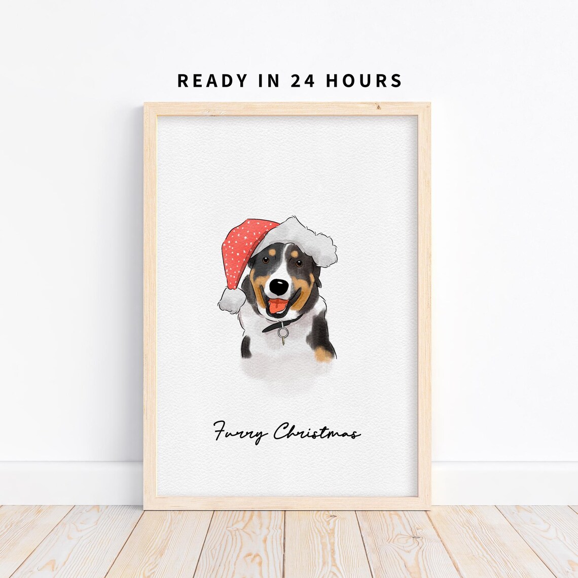 Furry Christmas Custom Dog Portrait Santa Hat Watercolor Holiday Pet Poster