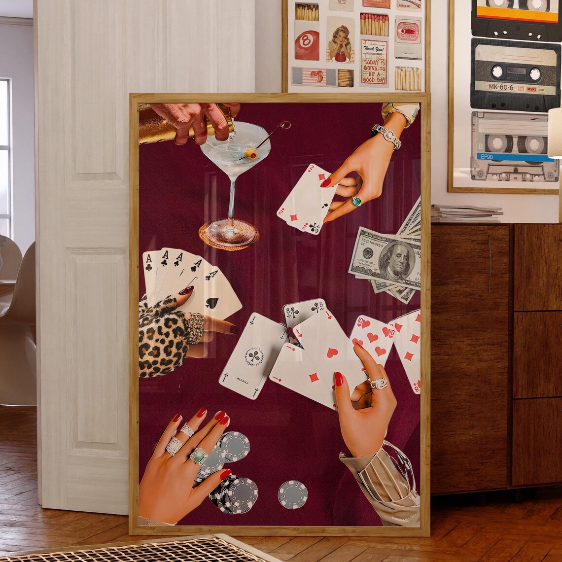 Burgundy Poker Night Playing Cards Martini and Chips Scene Poster - Image 5