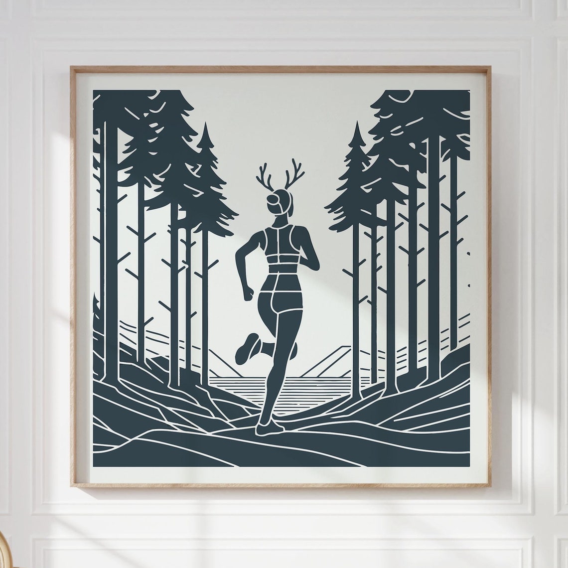 Running Woman With Antlers Nordic Forest Trail Runner Art Poster