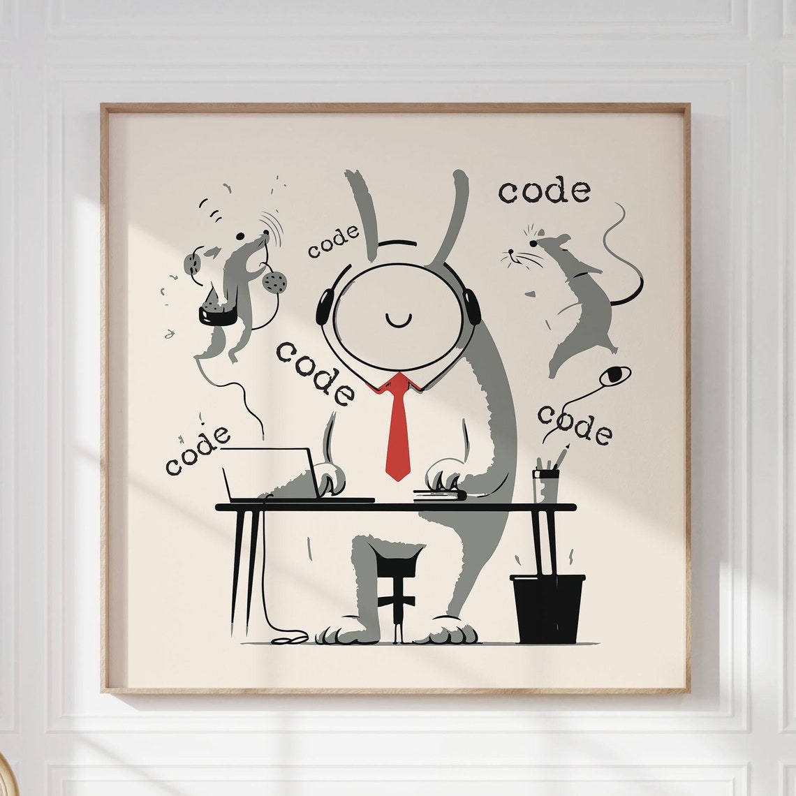 Funny Coding Poster Rabbit Developer With Headphones and Mice