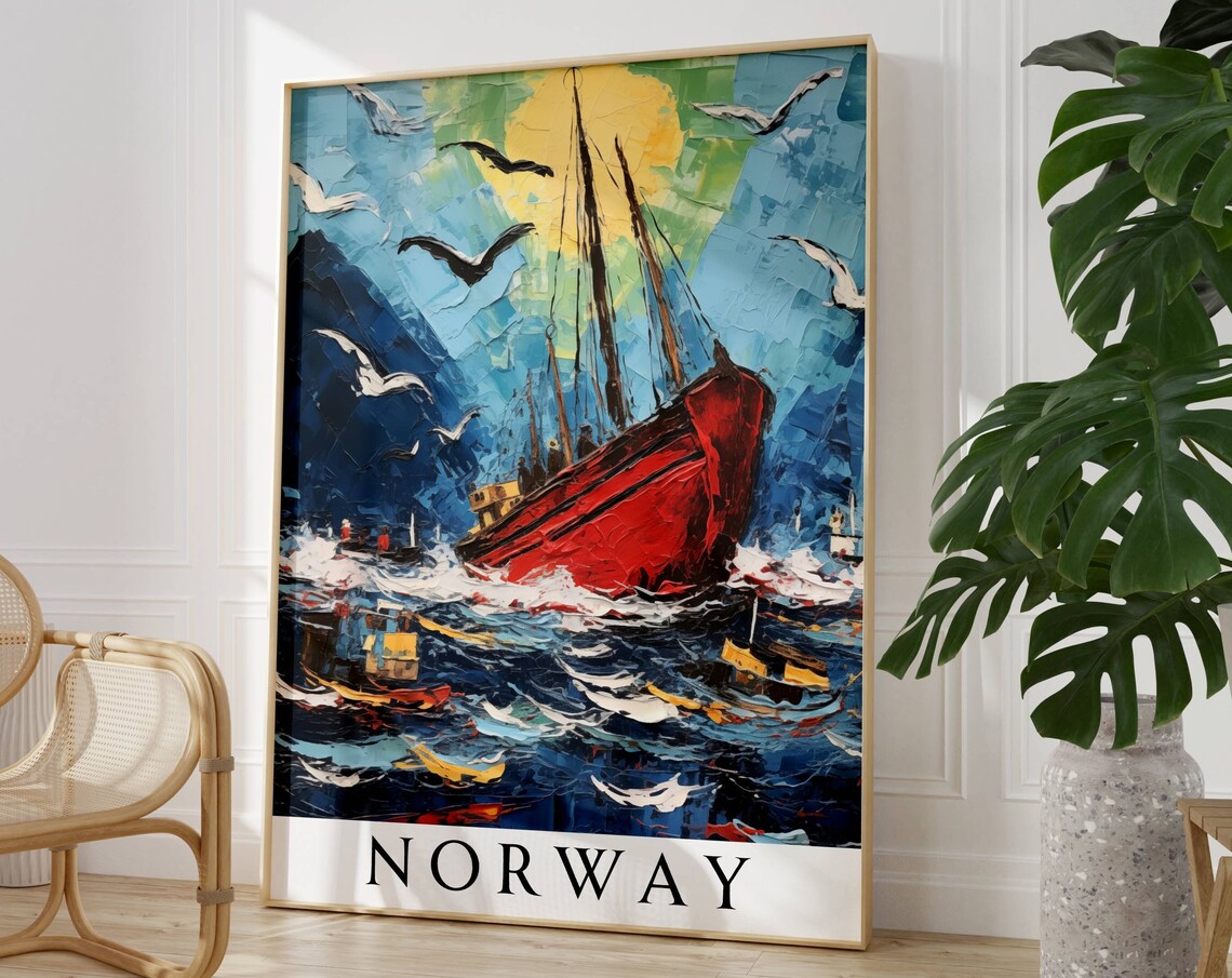 Norway Red Fishing Boat Stormy Sea Seagulls Impasto Travel Poster - Image 4