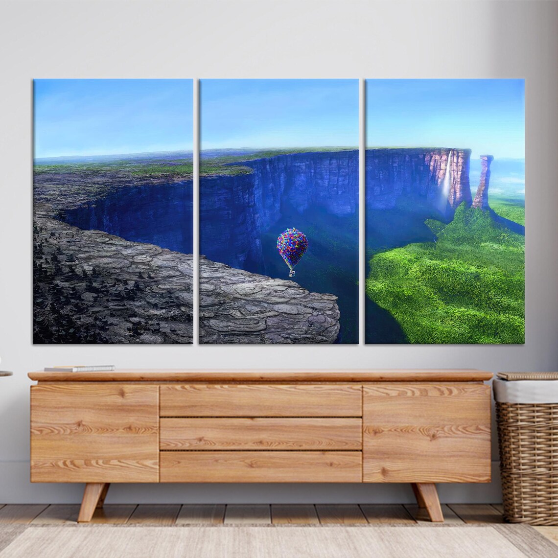 Colorful Balloon House Flight Over Blue Tepui Falls Adventure Poster - Image 3