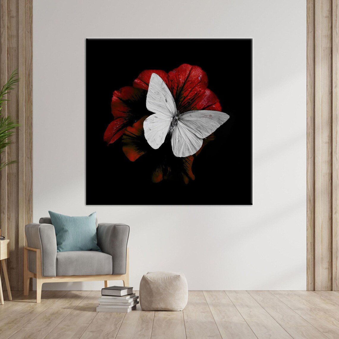 White Butterfly On Red Flower, Modern Art Decor