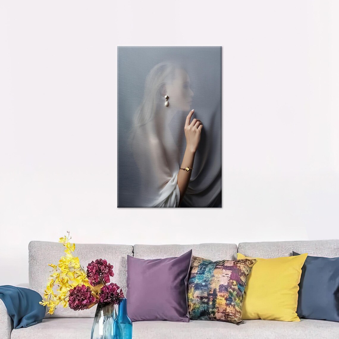 Behind Curtain Woman Decor, Abstract Modern Art