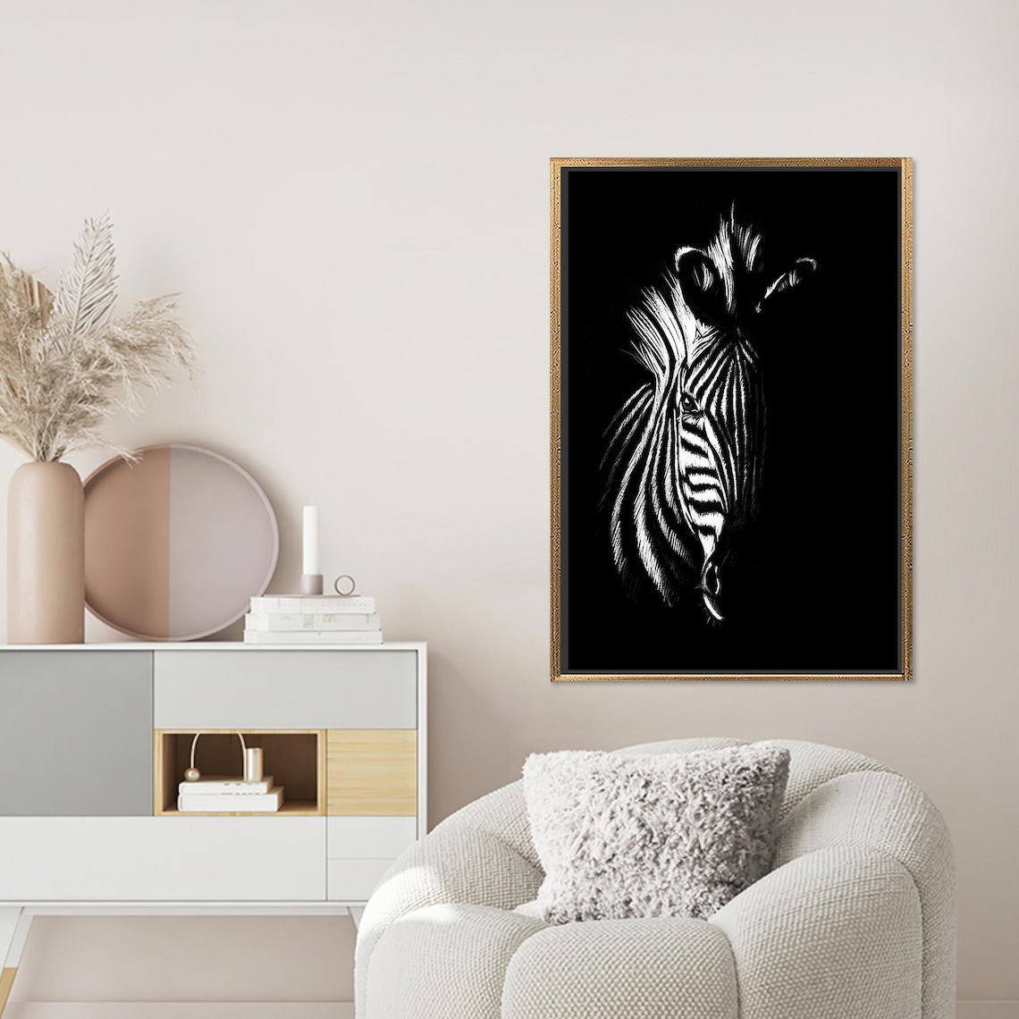 Zebra Portrait Emerging from Darkness in Black and White Poster - Image 2