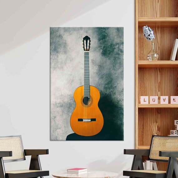 Classical Acoustic Guitar on Moody Teal Grunge Backdrop Poster
